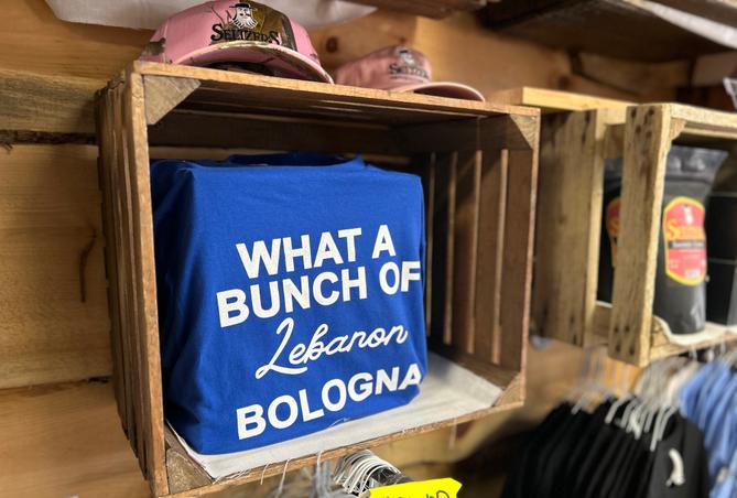 A T-shirt at Seltzer’s outlet store in Palmyra, Pa. that says “What a bunch of Lebanon bologna.” A T-shirt at Seltzer’s outlet store in Palmyra, Pa. that says “What a bunch of Lebanon bologna.”