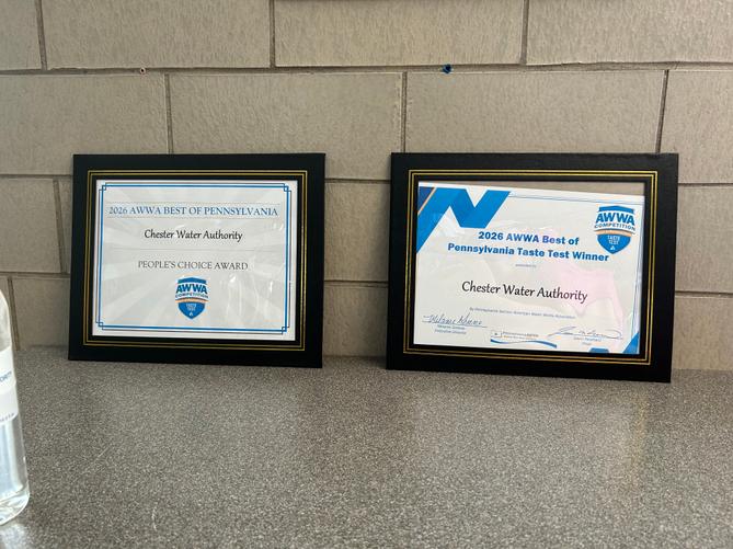 Two framed 2026 “Best of Pennsylvania” taste test awards from the American Water Works Association, on display at the Chester Water Authority’s treatment plant in Lancaster County. Two framed 2026 “Best of Pennsylvania” taste test awards from the American Water Works Association, on display at the Chester Water Authority’s treatment plant in Lancaster County.