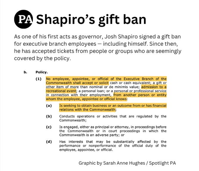 A graphic that highlights sections of Gov. Josh Shapiro's gift ban.