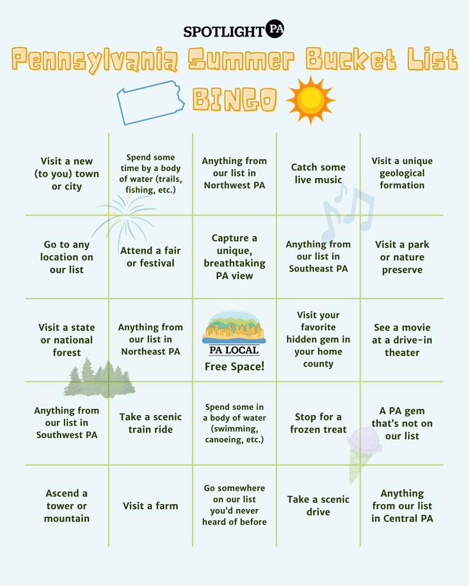 The Spotlight PA Summer Bucket List bingo card The Spotlight PA Summer Bucket List bingo card