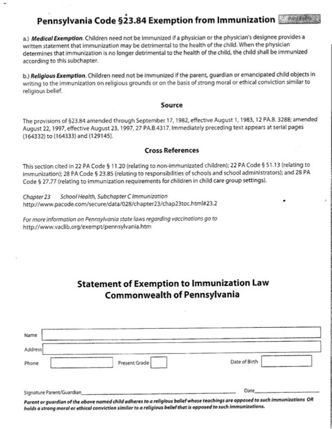 The Pennsylvania exemption from immunization form