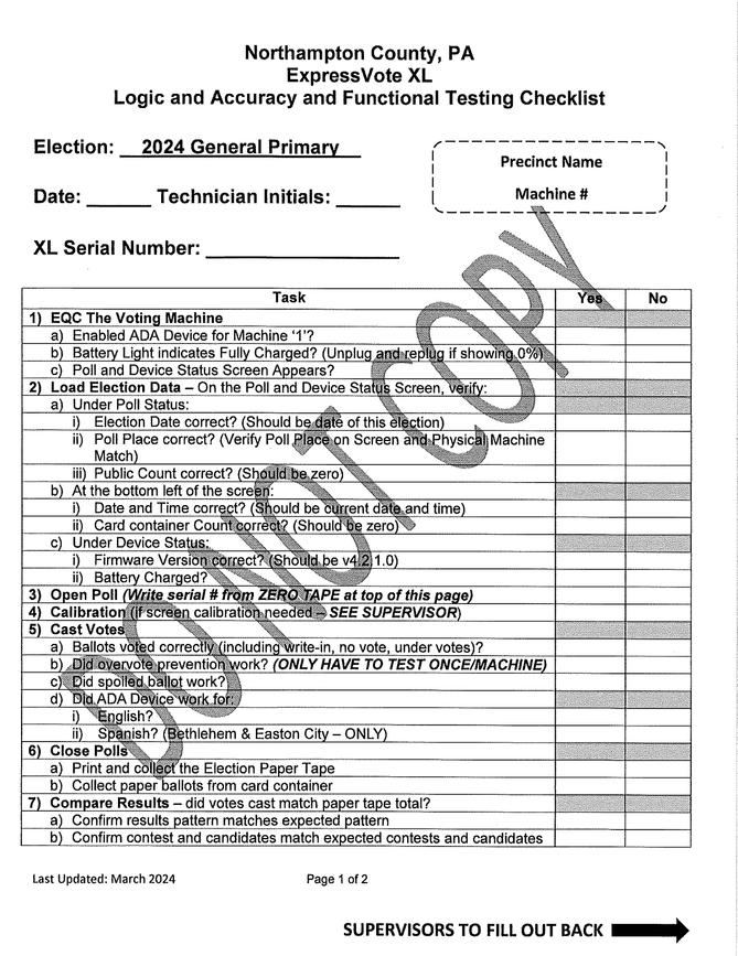 One page of Northampton County's new election testing checklist.